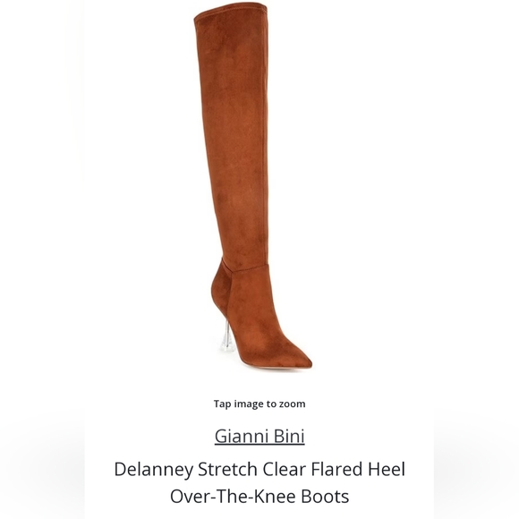 Gianni Bini Stretch Over Knee High Zip Lucite Clear Heel Boots Cognac Brown 5.5 - Picture 3 of 5